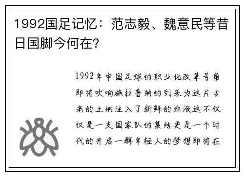1992国足记忆：范志毅、魏意民等昔日国脚今何在？