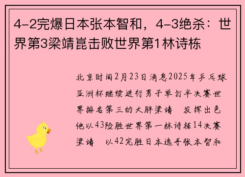 4-2完爆日本张本智和，4-3绝杀：世界第3梁靖崑击败世界第1林诗栋
