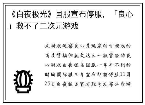 《白夜极光》国服宣布停服，「良心」救不了二次元游戏
