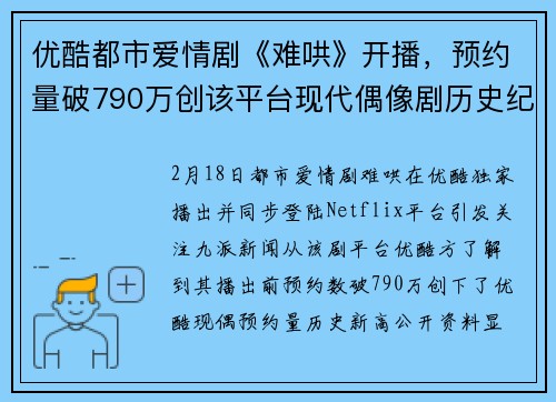 优酷都市爱情剧《难哄》开播，预约量破790万创该平台现代偶像剧历史纪录