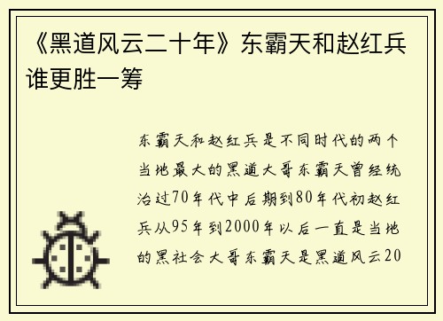 《黑道风云二十年》东霸天和赵红兵谁更胜一筹