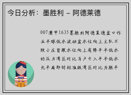 今日分析：墨胜利 - 阿德莱德