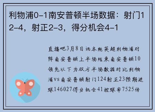 利物浦0-1南安普顿半场数据：射门12-4，射正2-3，得分机会4-1