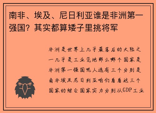 南非、埃及、尼日利亚谁是非洲第一强国？其实都算矮子里挑将军