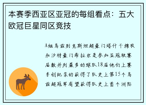 本赛季西亚区亚冠的每组看点：五大欧冠巨星同区竞技