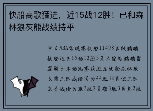 快船高歌猛进，近15战12胜！已和森林狼灰熊战绩持平